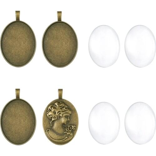 5 sets 40x30mm Clear Glass Cabochons and Antique Bronze Zinc Alloy Oval with 51x32mm Woman Portrait Pendant Cabochon Settings