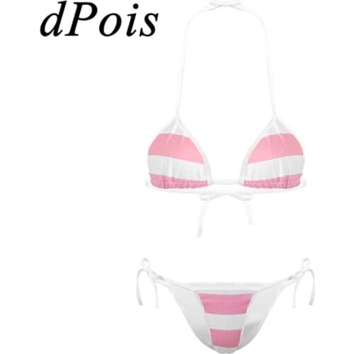 2Pcs Women Japanese Style Cute Bikini Sets Halter Neck Self-tie Micro Bra Top + G-String Briefs Woman Sexy Lingerie Swimsuit