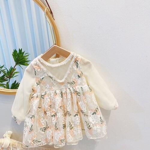 Kids Clothes For Girls Autumn Dress Lantern Lace Sleeve Children Sweet Floral Print Princess Baby Girls Dress with Pearls 1-6Y