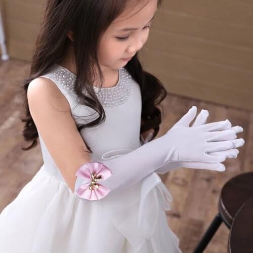 Long Stretch Gloves Children Wedding Evening Dress Flower Girls Glove Kids Finger White Bowknot Birthday Party Gloves For Child