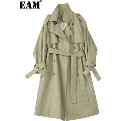 [EAM] Women Green Bandage Big Size Long Trench New Lapel Long Sleeve Loose Fit Windbreaker Fashion Spring Autumn 2021 1DA198