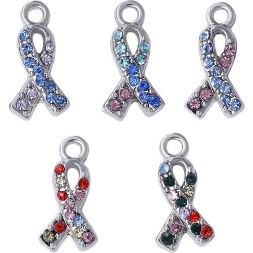 HOT Choose Rhinestone Crystal Ribbon Charm DIY woman Breast Cancer Medical jewelry can be mixed batch wholesale customization