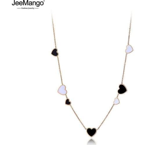 JeeMango New Stainless Steel White/Black Glaze Love Heart Choker Necklaces For Women Girls Office Charm Pendant Necklace JN19220