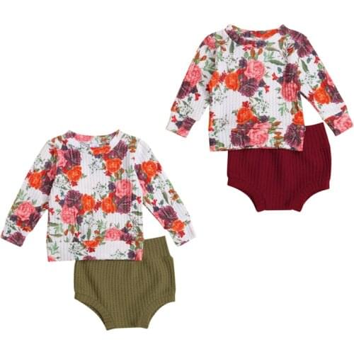 FOCUSNORM 0-18M Newborn Baby Girl Clothes Sets Long Sleeve Floral T-shirt Tops Bloomers Shorts 2PCS Outfits
