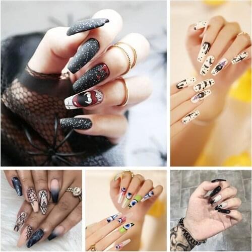 24pcs/Set Punk Dark Black False Nails Extra Long Coffin Shaped Skull Pumpkin Decal Press On Nails Manicure Halloween Full Tips