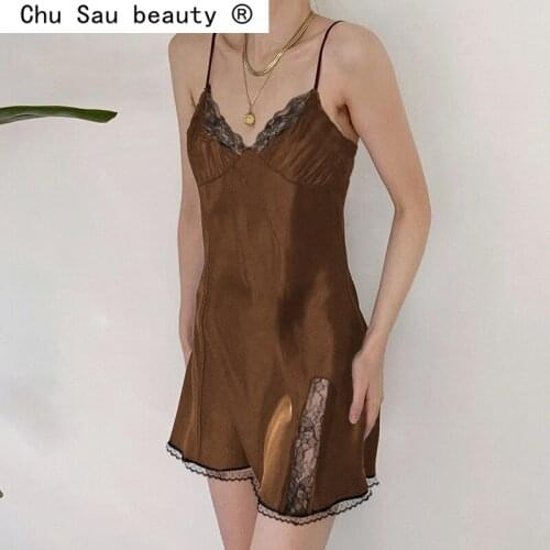 New Fashion Summer Y2k Aesthetic Cute Satin Mini Dress Women Lace Trim Vintage Kawaii Sleeveless V Neck Sexy E Girl Dresses