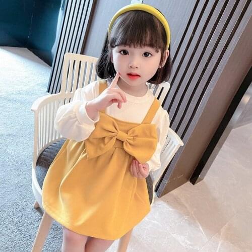 2021 Autumn Girls Kids Princess Dress Sweet Children Baby Infants Long Sleeve Bow Faux Two Piece Dresses Vestidos S12917