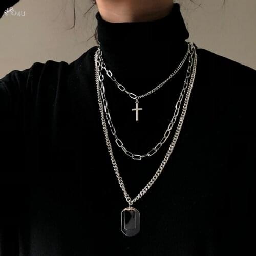 AOMU Girl Gift Metal Silver Color Cross Pendants Necklace For Women Men Jewelry Geometric Rectangle Clavicle Chain Necklace
