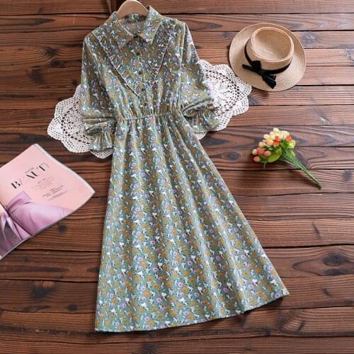 Mori girl corduroy cute floral dress new autumn fashion long sleeve lady sweet vestidos