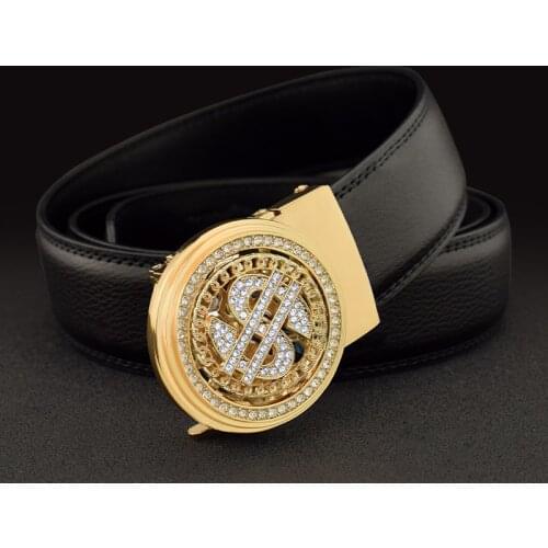 Luxury Genuine Leather Men Belt Jeans Rhinestone Metal Rotatable Belt Buckle High Quality Business Belt Male Waistband Belts New