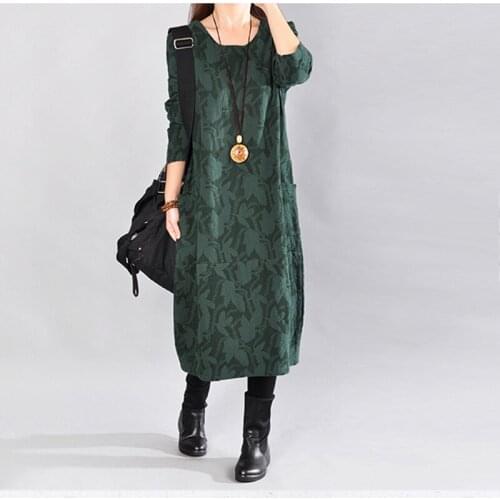 Retro/Women Cotton Linen Dress Print Floral Women Clothes 2018 Autumn New Long Sleeve Casual Pockets Robes O-Neck
