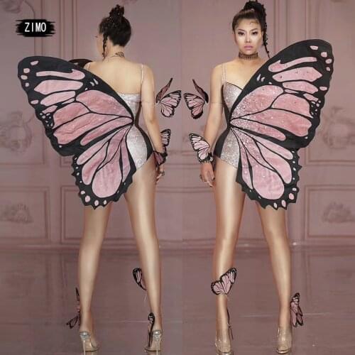 Butterfly Wings Bodysuit Women Rhinestones Birthday Party Nightclub Cosplay Halloween Stage Performance Dance Drag Queen Costume