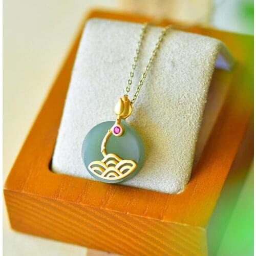 Hetian Jade Tranquility and Peace Plate Pale Blue round Necklace Necklace Female Clavicle Chain Pure Silver Lotus Chinese Style