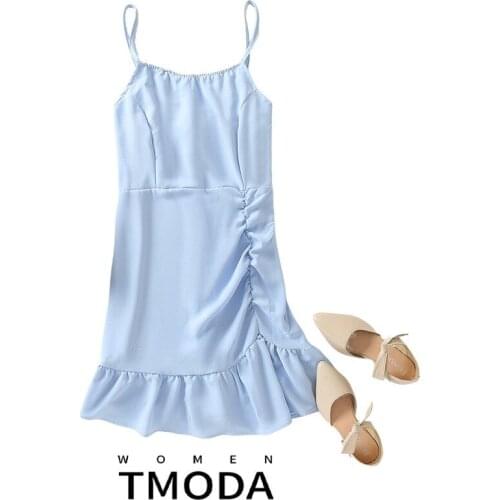 TMODA1421 Za 2021 Summer Women Blue Ruffles Beach Dress Sleeveless Ladies Cute Backless Mini Dress Female Chic Sky Blue Dresses