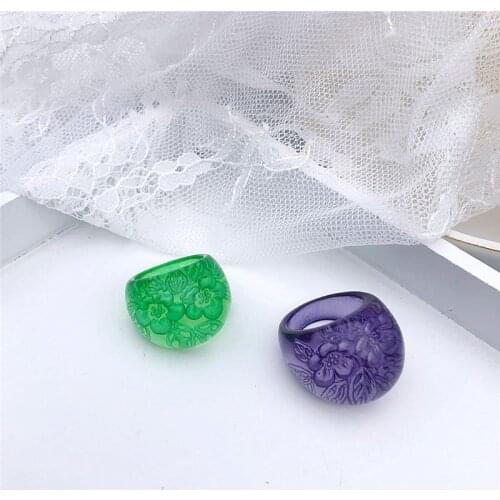 UJBOX US size 8 Resin Acrylic Printing Engraving Flower Ring Purple Green Transparent Ring Wedding Party Holiday Jewelry Gift