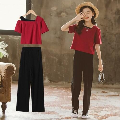Crop tops teenager 2021 summer baby Girl clothes chiffon Single shoulder wine red t shirt + wide leg pant 7 8 9 10 12 13 14 year
