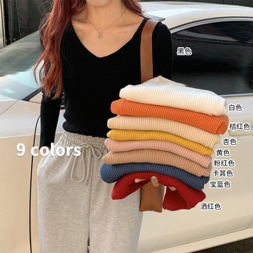 Ladies Autumn And Winter V-Neck Sweater New Solid Color Slim-Fit Striped Sweater Long-Sleeved All-Match Pullover Womens Top