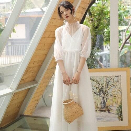 New 2021 Summer Mesh 2 Piece Sets Dresses Women Elegant V-neck Half Sleeve Hollow Out Beach Party Dress Robe Femme