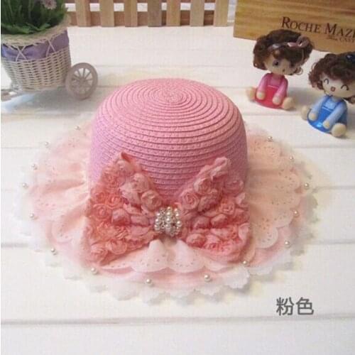 2016 New Fashion Childrens Bud Silk Sun Hat The Girls Pearl Rose Bow Straw Hats Retail and wholesale