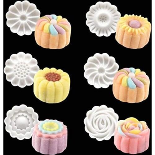 6 Style Stamps Round Flower Mooncake Mold Hand Pressure Fondant Decoration Cookie Cutter Pastry Baking Tool for Home Kitchen