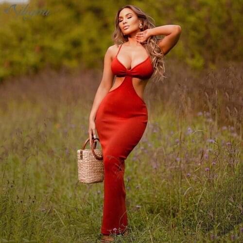 Ailigou 2021 New Summer Womens Holiday Bandage Dress Elegant Sexy Hollow Party Tailoring Halter Tight Dress