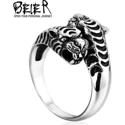 BEIER Double Tiger Head Stainless Steel Ring For Man Personality Biker Animal Jewelry Wholesale Factory Price BR8-252