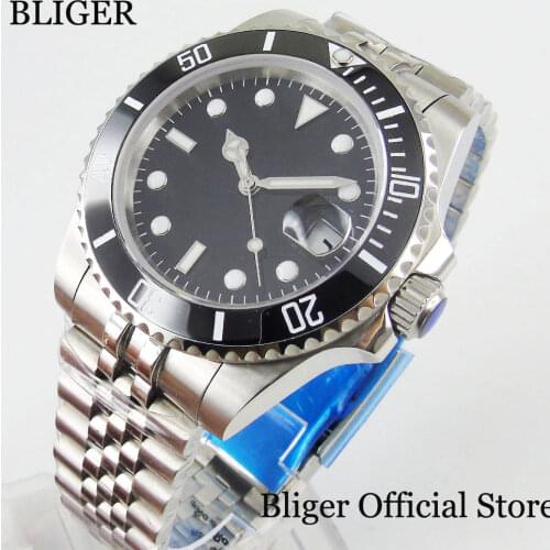 BLIGER New Arrival NH35 Fashion Sapphire Glass 40mm Automatic Wristwatch Nologo Black Dial MIYOTA Ceramic Bezel Jubilee Strap