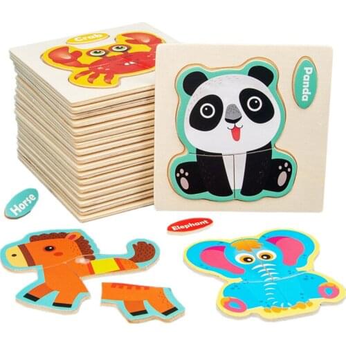 Wooden Childrens Toys Early Education Educational Cognition Flat Cartoon Animal 3D Pattern Intelligence Puzzle Toys