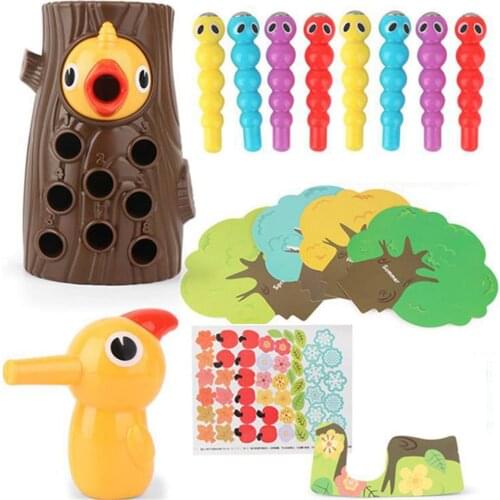 Kids Woodpecker Fishing Magnetic Catch Worm Animal Feeding Board Game Family Montessori Stacking Educational Toys Children Gift