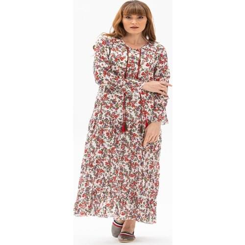 Tasseled Collar Bud Pattern Long Summer Voile Dress New Authentic Fashion Womens Clothing Collections Made In Turkey