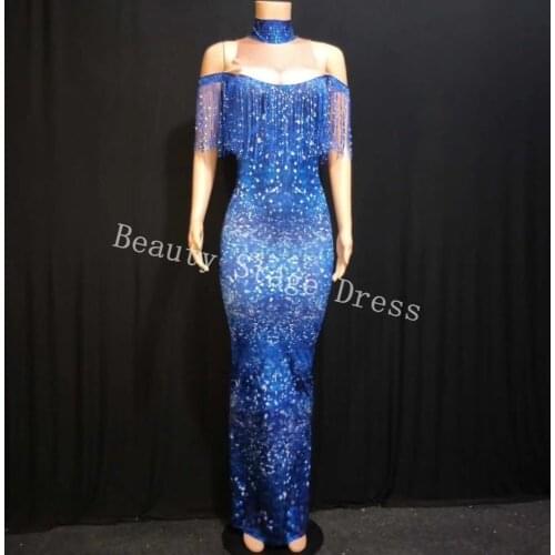 Flashing Sequins Blue Tassels Long Dress Female Singer Nightclub Bar Host Show Stage Costume Models Catwalk Elastic Skinny Dress