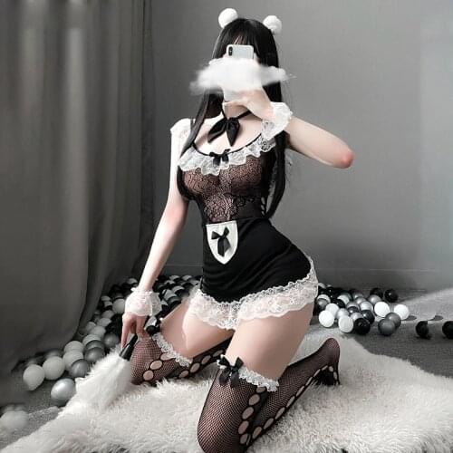 Womens Erotic Lingerie Sexy Bow Lace Tulle Perspective Temptation Nightdress Sweetheart Maid Cosplay Costume Kawaii Pajamas