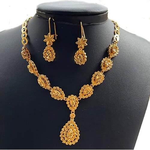 Dubai Ethiopian Jewelry Gold Color sets for Bride Arab Africa Gifts for Women Wedding Necklace/Earrings