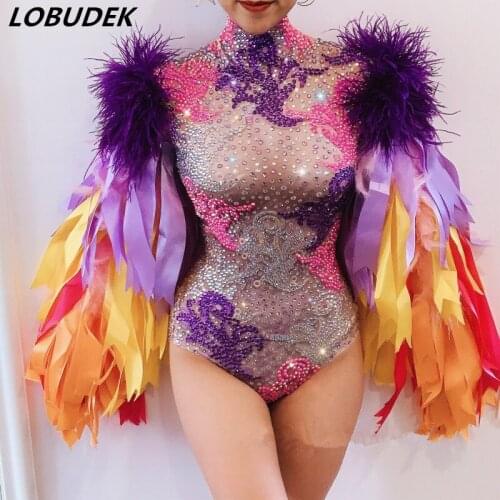 Purple Rhinestones Colored Ribbon Sleeve Bodysuit Elastic Crystals Bodysuits Bar Nightclub Women DJ Singer Dancer Stage Costume