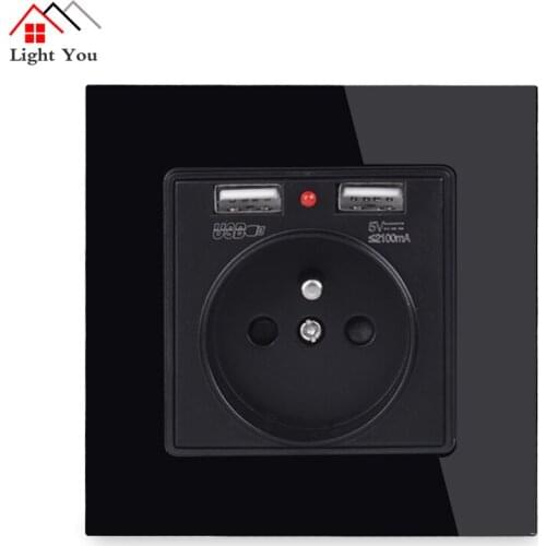 French Standard Glass Panel Dual USB Charge Port 2.1A Wall Charger Adapter LED Indicator 16A French Power Socket Black Color