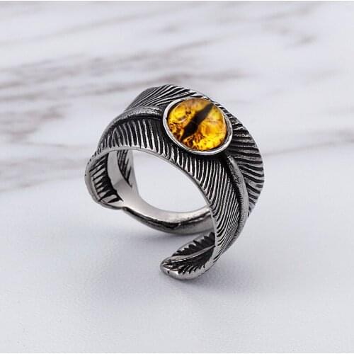 JewOrna Biker Ring Yellow Amulet Vintage Feather Rings Stainless Steel CZ Eye Rock Punk Men Jewelry Gift Trendy Ring JOR055