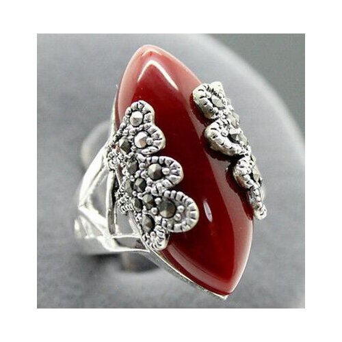 Free Shipping wholesale Beautiful Marcasite 925 red Natural jade jewelry sterling silver ring size 7-10