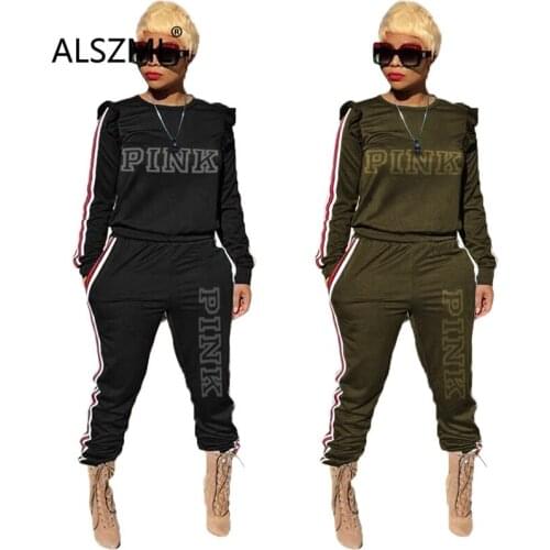 O Nekc Long Sleev Eletter Print Crop Top And Pants 2 Pieces Set High Street Chic Lady Fashion Women Outfits