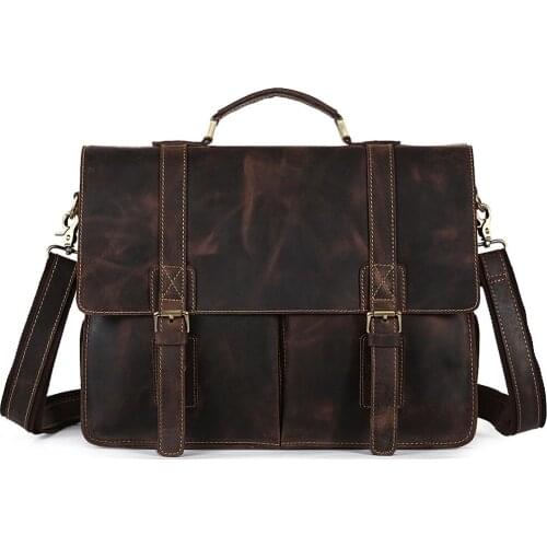 Tiding Crazy Horse Leather Mens Business Briefcase 14 inch Computer Bag Large Capacity Handbag Messenger Bags Dark Brown 1115