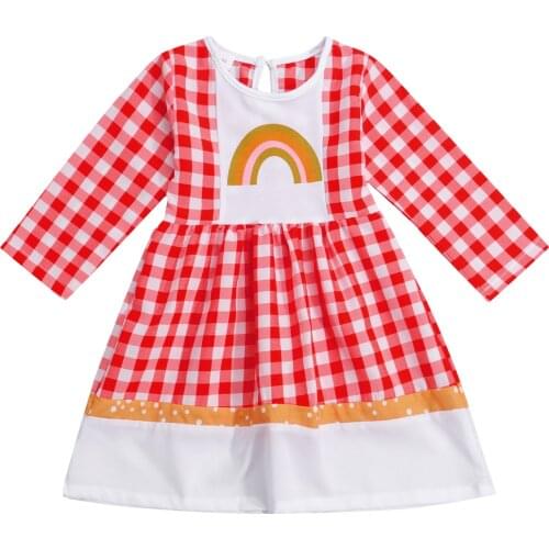 2021 Summer Baby Princess Long Sleeve Dress with Plaid Rainbow Pattern High Waist Version Spring Clothing
