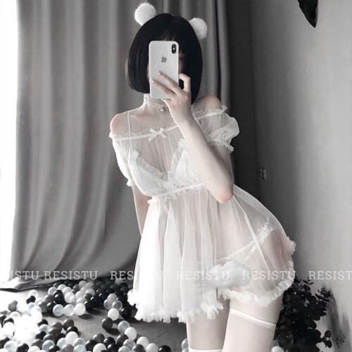 Young Girl Pink Sweet Gauze Lace Nightdress Sleepwear Set Cute Temptation Sexy Lingerie Mesh Nightgowns Womens Home Clothing