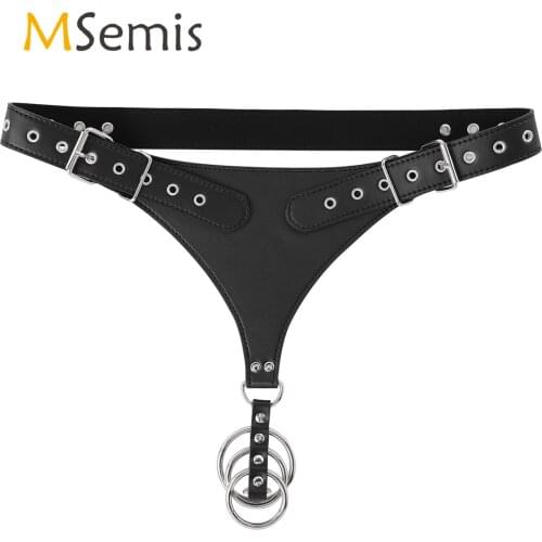 Mens Erotic Lingerie Leather Harness Underwear Crotchless Thong Briefs Adjustable Buckle O-ring Panties for Sexy Role Play Game