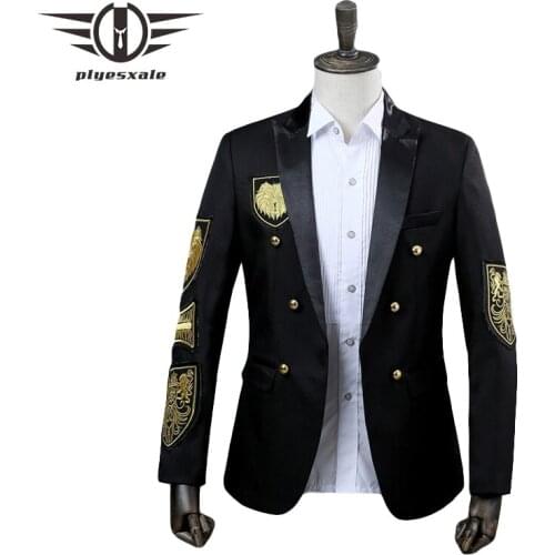 Plyesxale Double Breasted Blazer Men Military Medal Designs Embroidery Blazer Jacket Annual Performance Black Red Prom Wear Q294