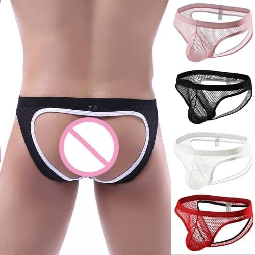Lingerie Mens Thong G-string Jockstrap Sexy Mesh Fishnet U-Bulge Thin Underwear Cueca Open Butt String Homme Gay Panties Bikini