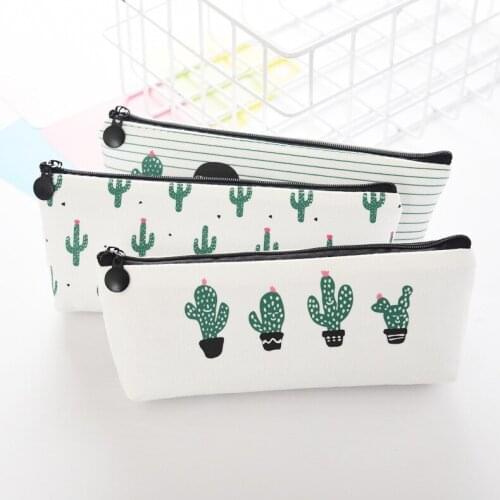 New Cactus Canvas Stationery Storage Bag Smiple Fresh Color Pen Case Creative Pencil Pouch Organizer