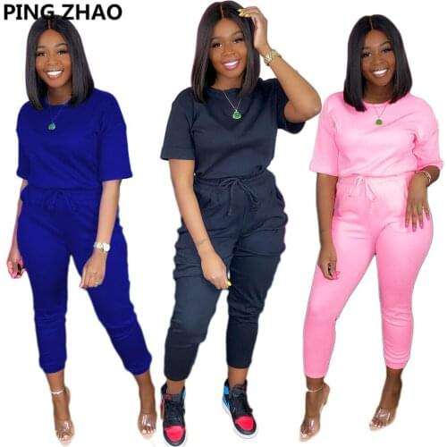 PING ZHAO Women Set Two Pieces Sets Tracksuits Short Sleeve T-shirt & Skinny Stacked Leggings Pants Suit Fitness Outfits Matchin