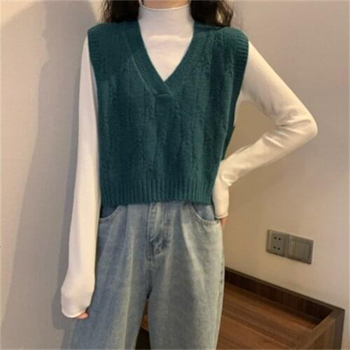 Sweaters Vest Daily Knitting College Cropped All-match Pure Popular Lady Clothing Green Basic Teenagers Korean Style Sleeveless