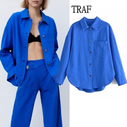 TRAF Za Women Blouse 2021 Autumn Long Sleeve Button up Blue Shirt Plus Size Women Clothing Vintage Top Female Shirt Chic Pocket