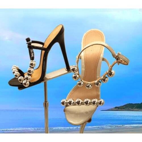 Moraima Snc Summer Fashion Pearls Beaded High Heel Sandal Open Toe Ankle Strap Woman Shoes 9CM thin Heels Party Dress Shoe