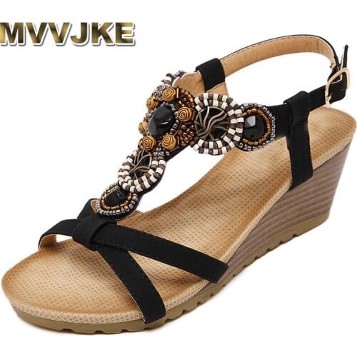 MVVJKE Wedges Beach Sandalias Ladies Sandalet Fringe Middle High Heels Sandals
